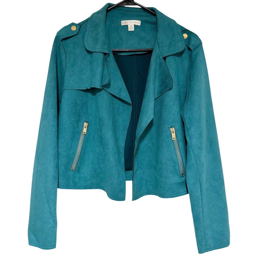 CATO Cropped Faux Suede Jacket Teal Blue Size Medium Stretch Open Front Pockets